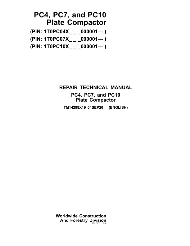 John Deere PC4, PC7, PC10 Plater Compactor Service Repair Manual (TM14298X19) Workshop Guide