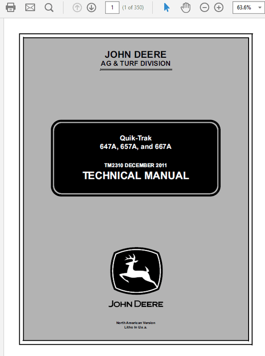 John Deere 647A, 657A, 667A QuikTrak Repair Technical Manual Workshop Guide