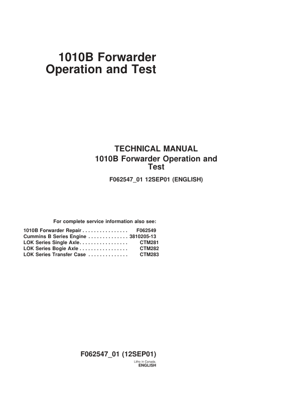 John Deere 1010B Forwarder Service Repair Manual (TMF062547 & TMF062549) Workshop Guide