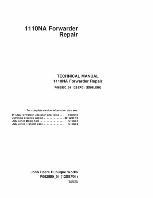 John Deere 1010NA Forwarder Service Repair Manual (TMF062548 & TMF062550) Workshop Guide