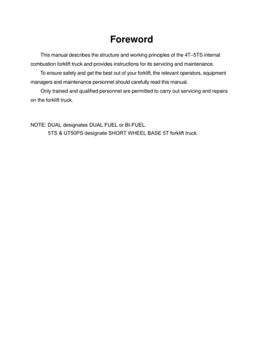 Utilev UT40-50PS Forklift A411 Series Repair Manual Workshop Guide