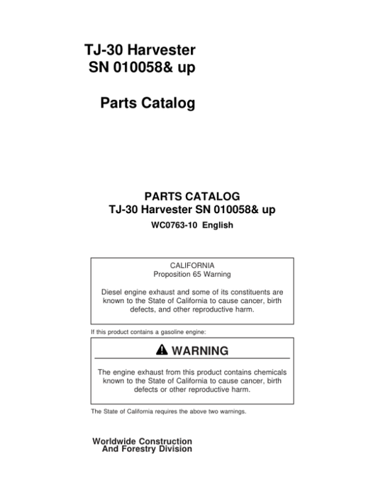 Timberjack TJ30 Harvester (SN 010058 & UP) Parts Catalog Manual Workshop Guide