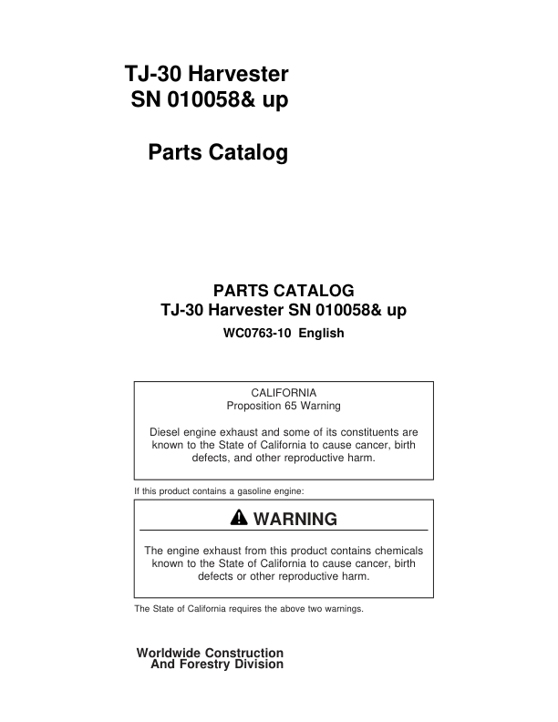 Timberjack TJ30 Harvester (SN 010058 & UP) Parts Catalog Manual Workshop Guide