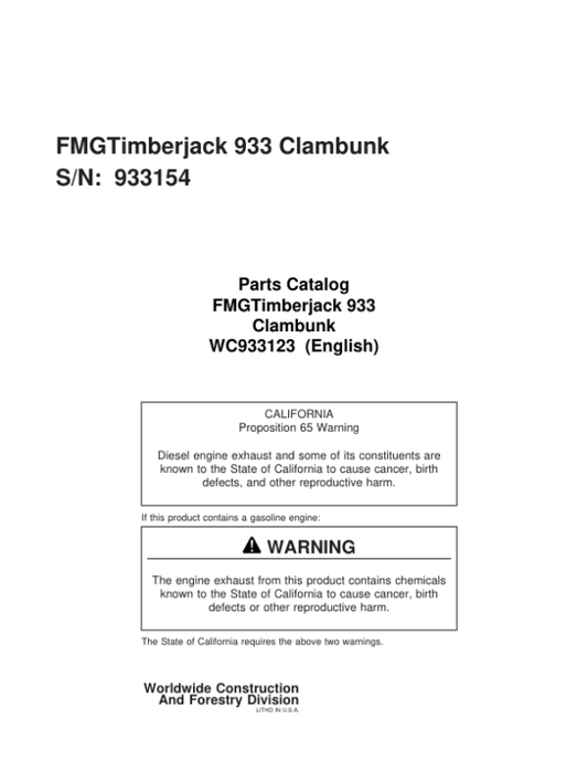 Timberjack 933, 933C Clambunk (SN 933123–933154) Parts Catalog Manual – WC933123 Workshop Guide