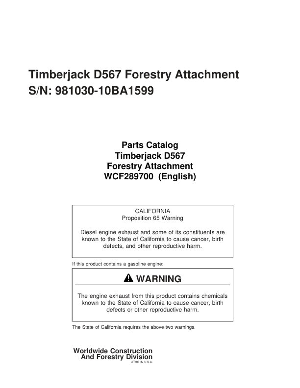 Timberjack D567 Dtt Disc Saw Felling Heads (SN 981030-10BA1599) Parts Catalog Manual Workshop Guide