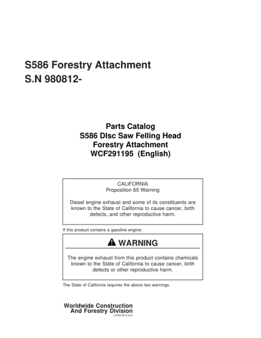 Timberjack S586 Felling Heads (SN 980812-) Parts Catalog Manual – WCF291195 Workshop Guide