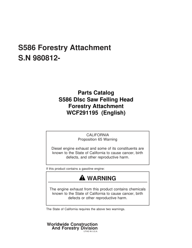 Timberjack S586 Felling Heads (SN 980812-) Parts Catalog Manual – WCF291195 Workshop Guide