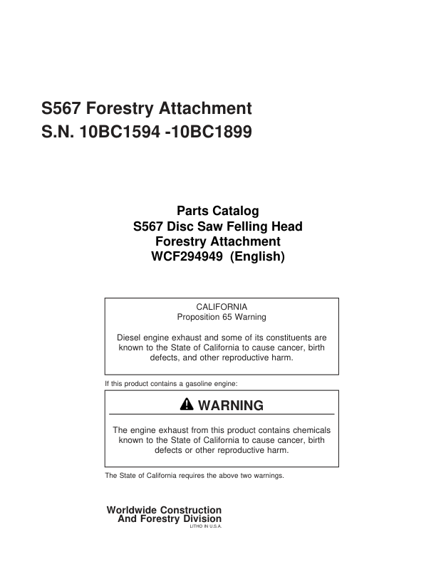 Timberjack S567 Stt Disc Saw Felling Heads (SN 10BC1594-10BC1899) Parts Catalog Manual – WCF294949 Workshop Guide