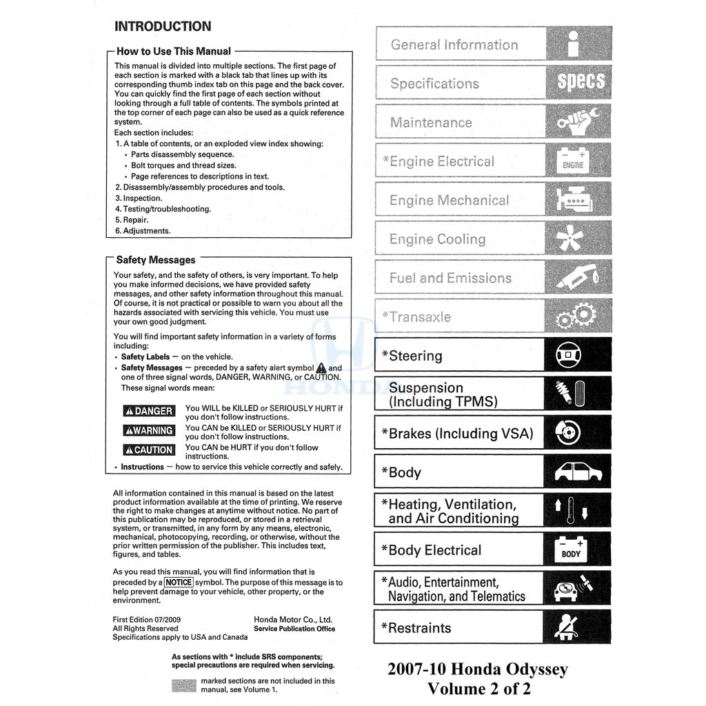 HONDA ODYSSEY RL 2007-2010 Full Manual Set – Repair & Maintenance Manual