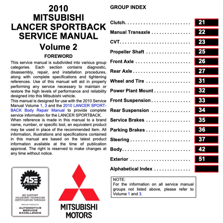 MITSUBISHI LANCER SPORTBACK 2010-2012 Full Manual Set – Repair & Maintenance Manual