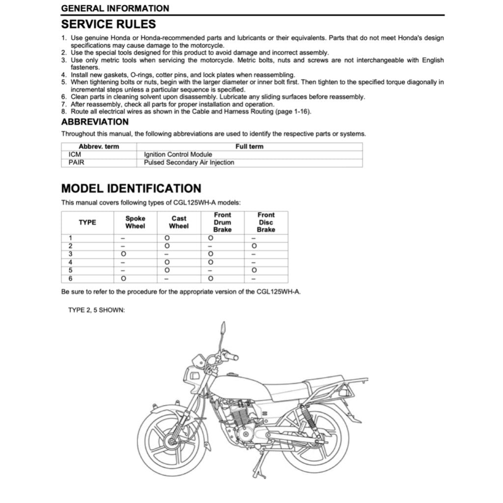 HONDA CGL125 WH-A 2006-2015 Full Manual Set – Repair & Maintenance Manual and Spare Parts Catalog