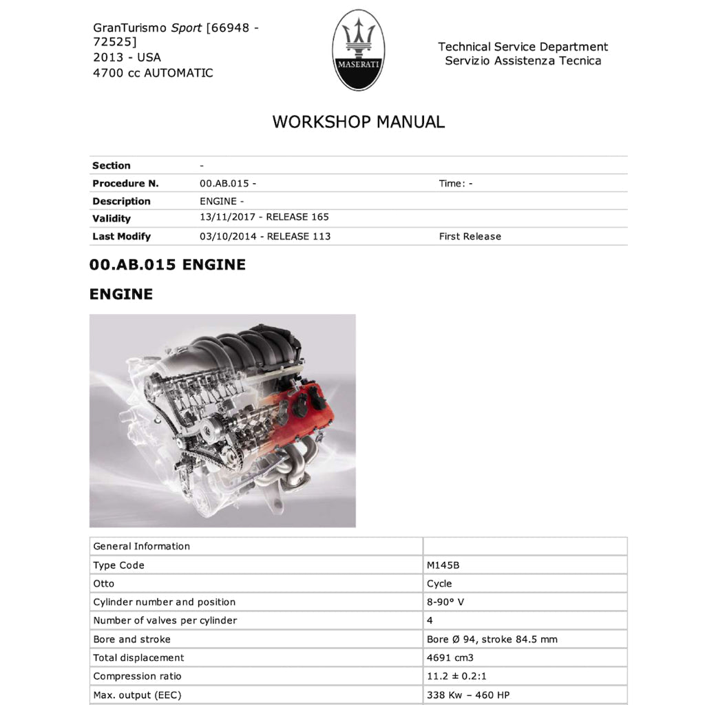MASERATI GRANTURISMO SPORT M145 2007-2019 Full Manual Set – Repair & Maintenance Manual