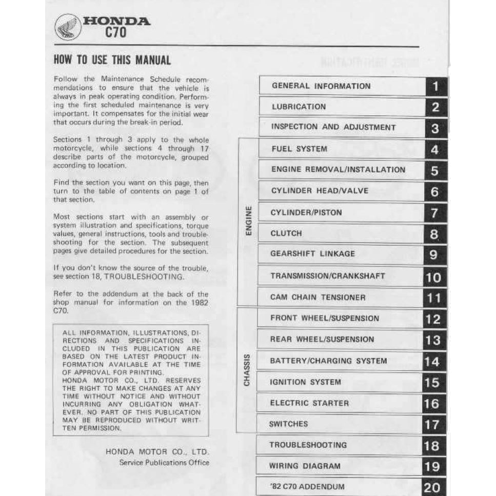 HONDA CUB70 C70 1970-1991 Full Manual Set – Repair & Maintenance Manual and Spare Parts Catalog and User Handbook