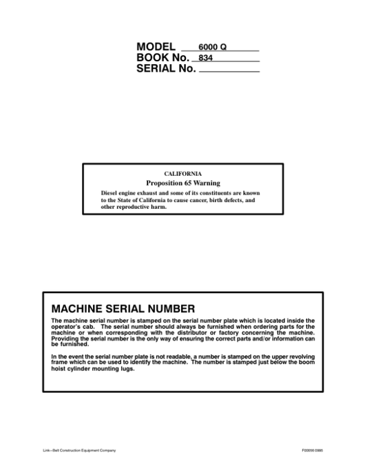 Linkbelt 6000Q SL,  6000Q RT SL Quantum Excavator Operators Manual Workshop Guide