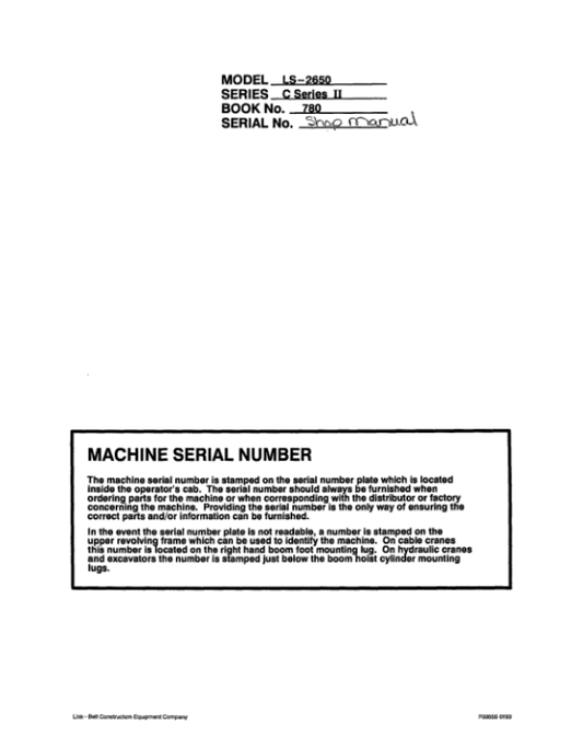 Linkbelt LS-2650 C2 Excavator Service Repair Manual Workshop Guide
