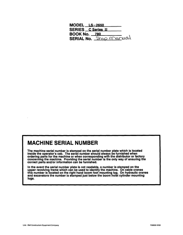 Linkbelt LS-2650 C2 Excavator Service Repair Manual Workshop Guide
