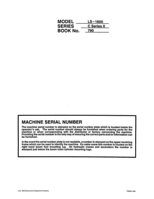 Linkbelt LS-1600 C2 Excavator Service Repair Manual Workshop Guide