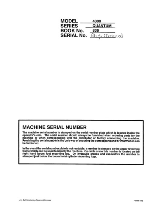 Linkbelt 4300Q Quantum Excavator Service Repair Manual Workshop Guide