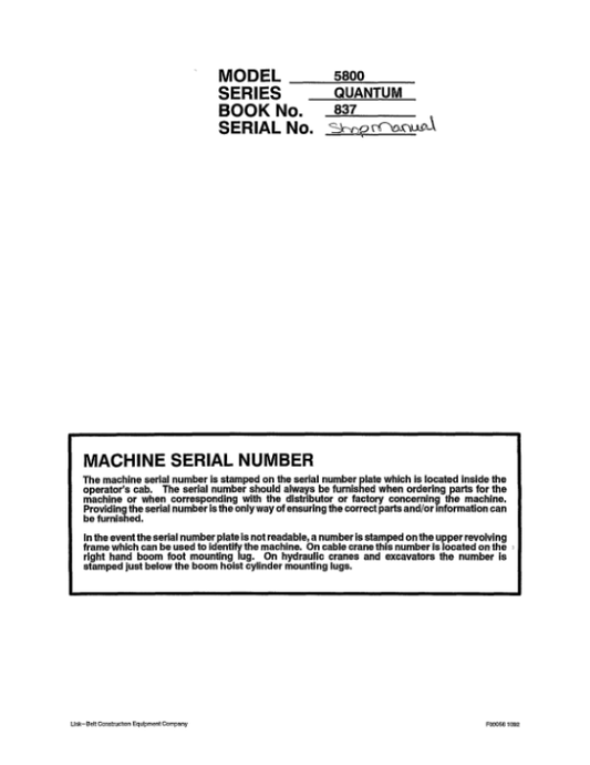Linkbelt 5800Q Quantum Excavator Service Repair Manual Workshop Guide