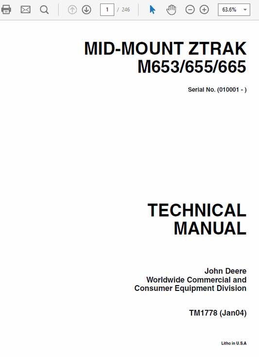 John Deere M653, M655, M665 ZTrak Repair Technical Manual Workshop Guide