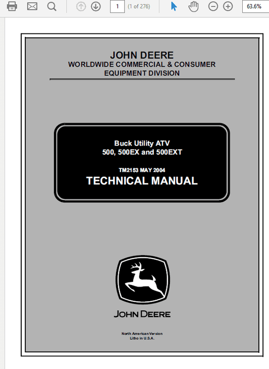 John Deere ATV 500, ATV 500EX, ATV 500EXT Buck Utility Technical Manual Workshop Guide