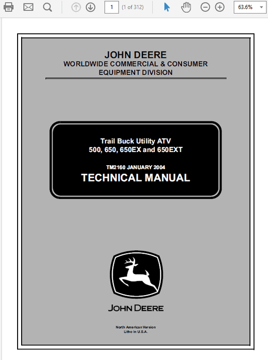 John Deere ATV 650, ATV 650EX, ATV 650EXT Trail Buck Utility Technical Manual Workshop Guide